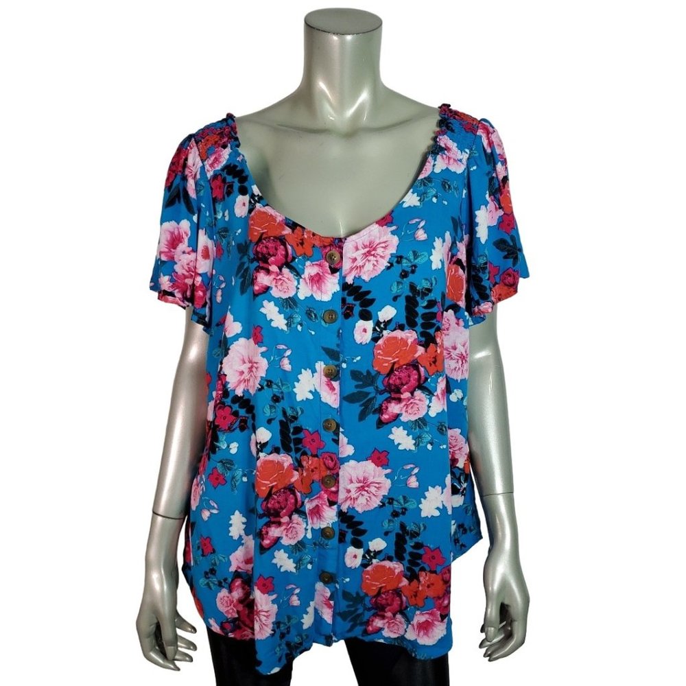 Torrid Rayon Slub Button Front Flutter Sleeve Top Plus Size 1X Short Sleeve Blue